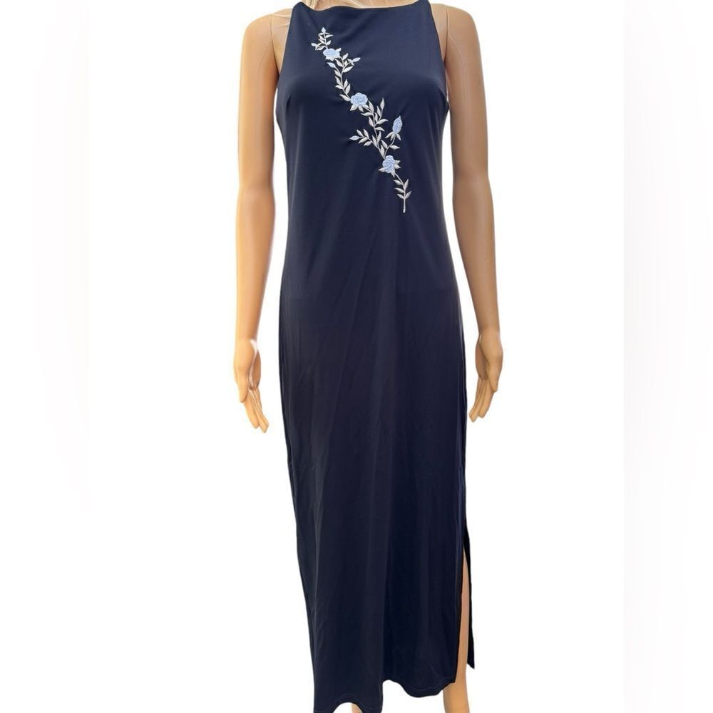 Vintage 1990’s City Triangles Navy Blue/floral embroidered Maxi Dress EUC SZ 9